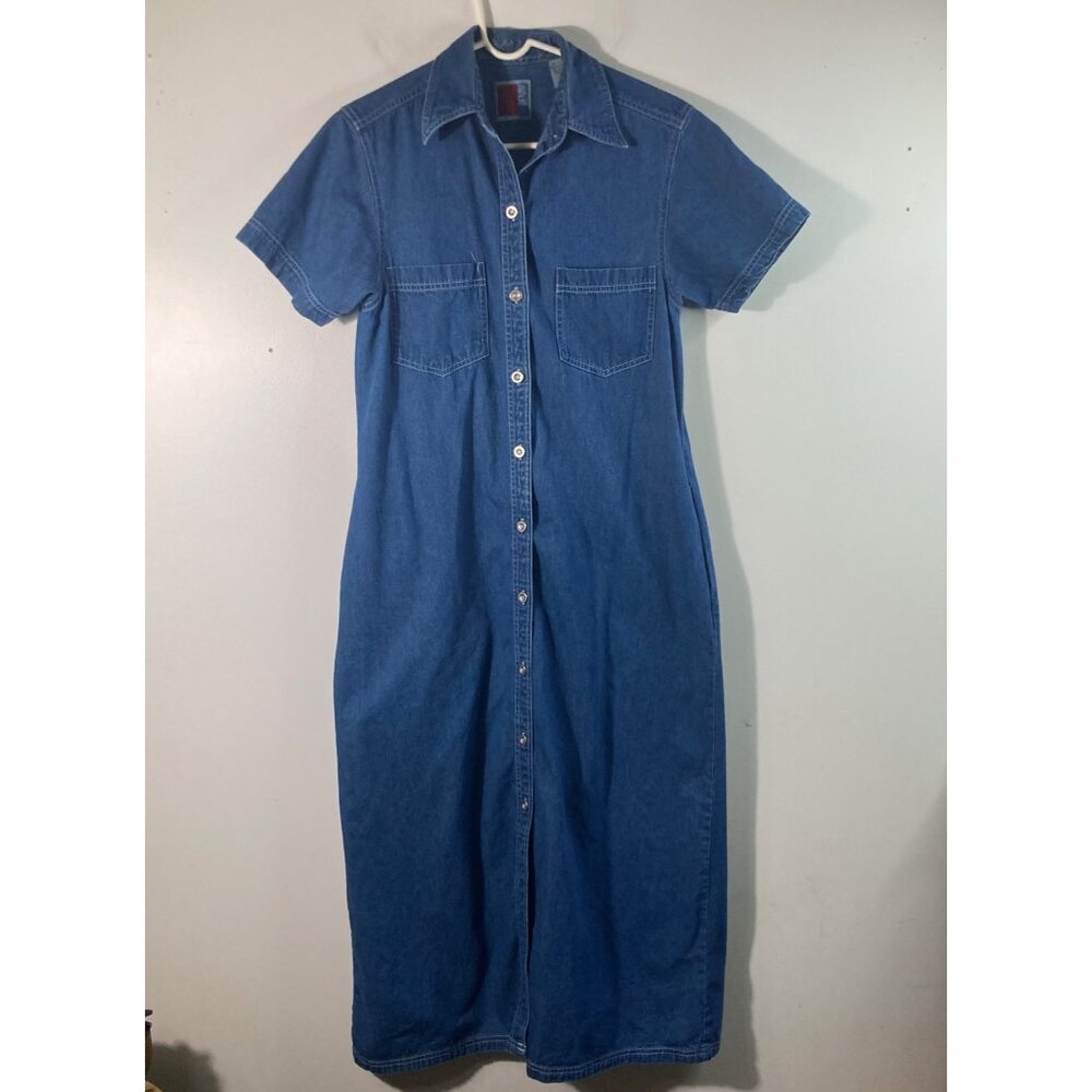 Womens Vintage‎ Sun Belt Denim Button Maxi Dress Short Sleeve S Cotton Pockets